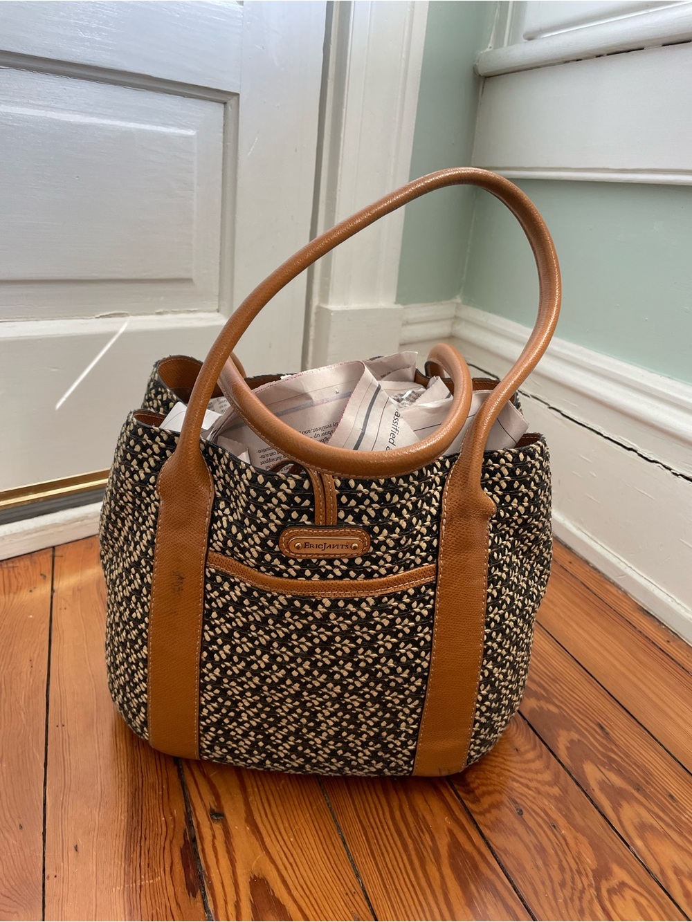 Eric Javits Woven Straw and Leather Shoulder Bag with Bamboo Closure